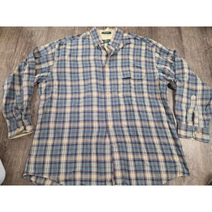 Orvis Vintage Men's Navy Blue Beige Plaid Button Front Long Sleeve Shirt XL